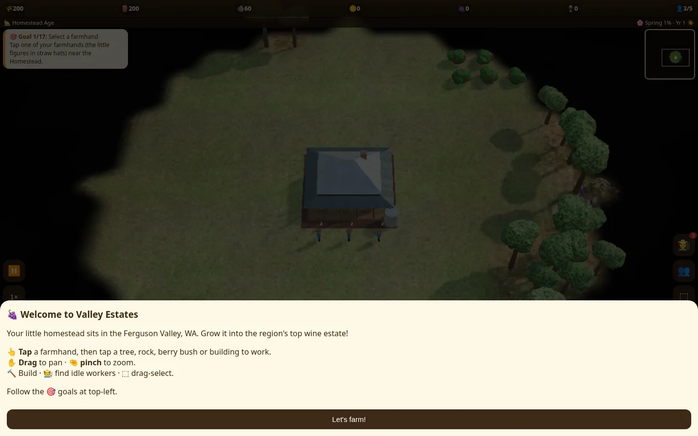 Valley Estates: a homestead on grassland surrounded by trees, with the welcome card open